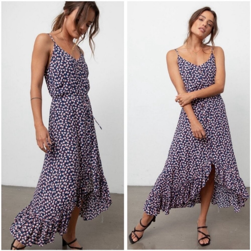 Rails Frida Navy Pink Pom floral spaghetti straps XS summer sundress ruffle